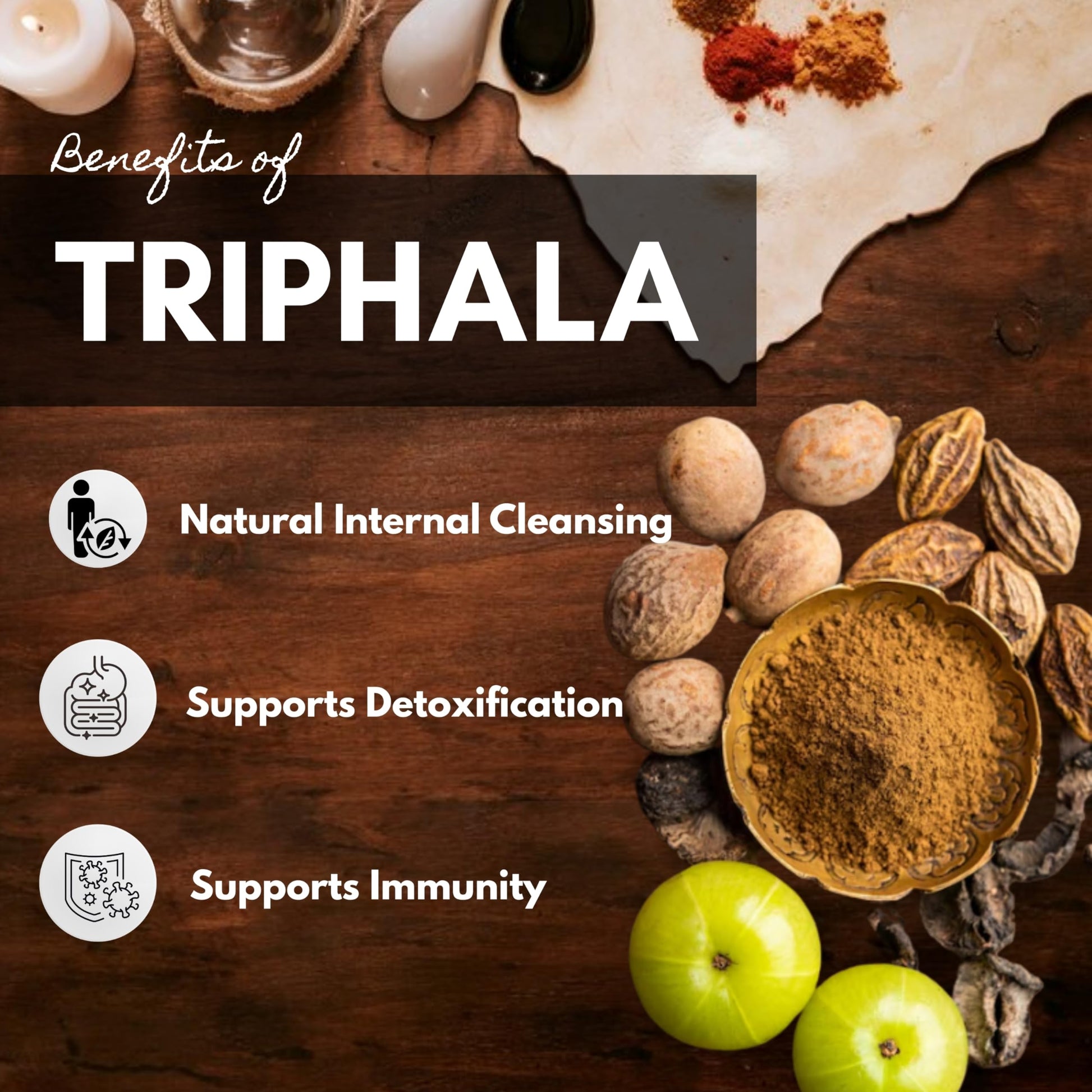 Hebhac Herbs Triphala herbal capsules displayed next to the product bottle demonstrating the vegetarian capsule shells.