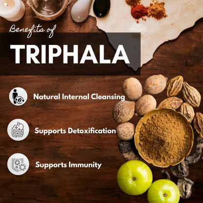 Hebhac Herbs Triphala herbal capsules displayed next to the product bottle demonstrating the vegetarian capsule shells.