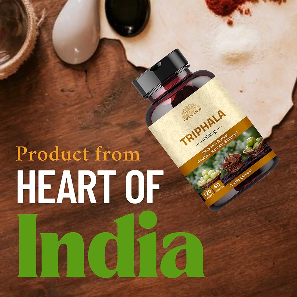Amla Haritaki and Bibhitaki blend capsules by Hebhac Herbs highlighting the non GMO vegetarian product formulation.