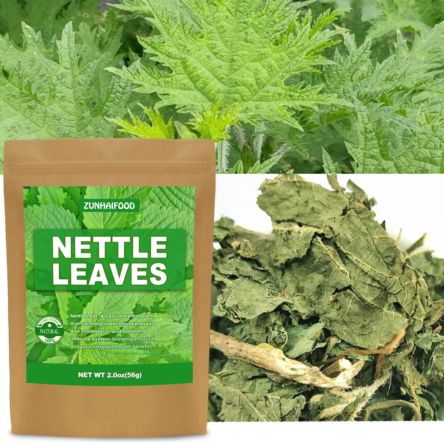 Back packaging of Zunhai Food vegan nettle leaves with nutritional information