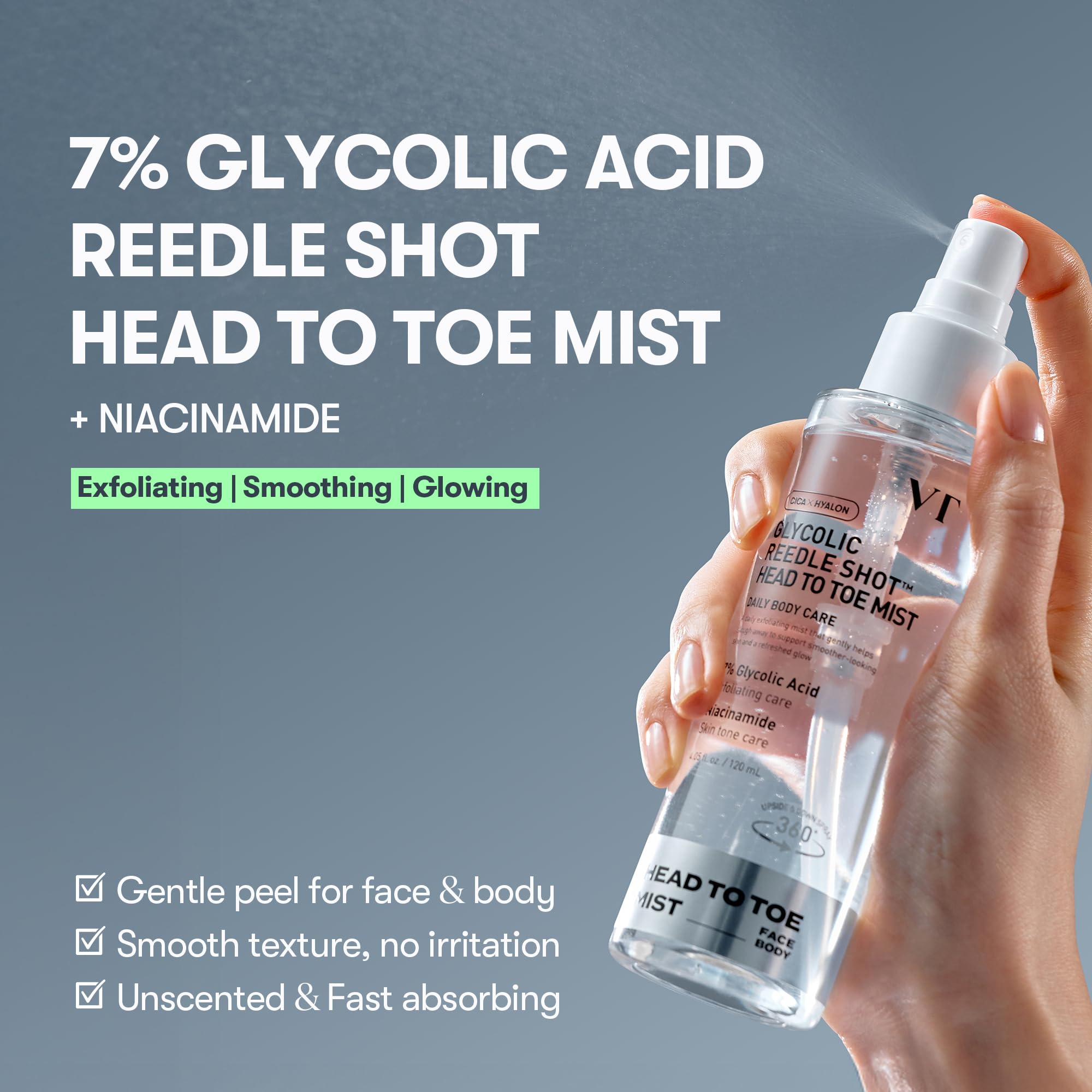 Close up of VT Cosmetics Glycolic Reedle Shot spray nozzle mechanism