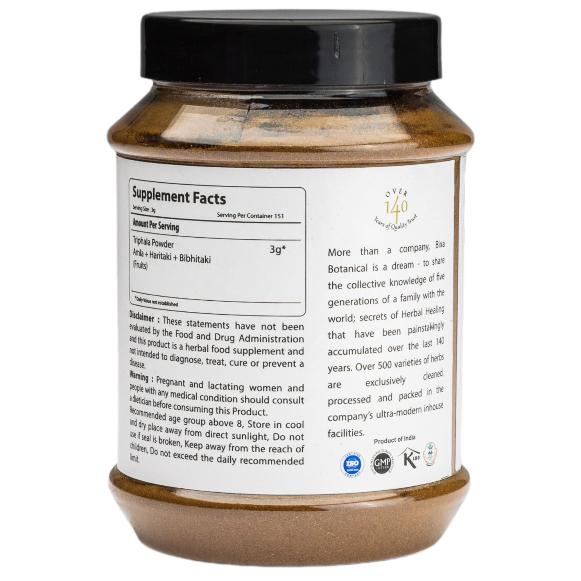 Bixa Botanical Triphala Powder organic supplement nutritional facts label