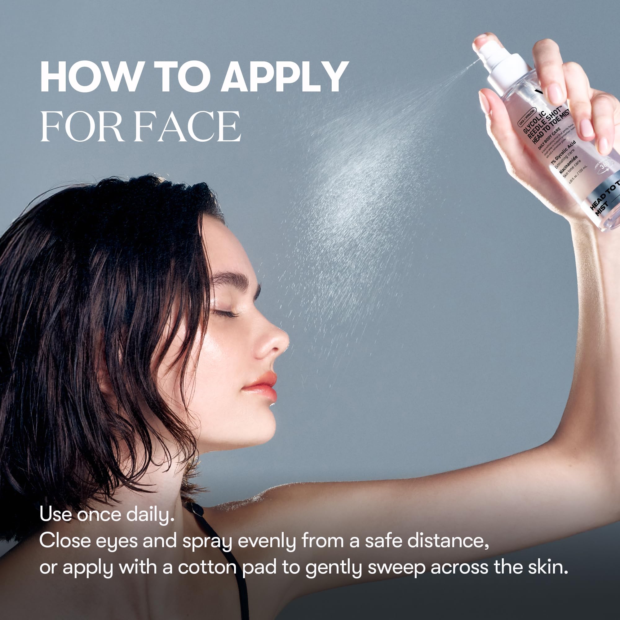 Application of VT Cosmetics Reedle Shot mist on skin texture
