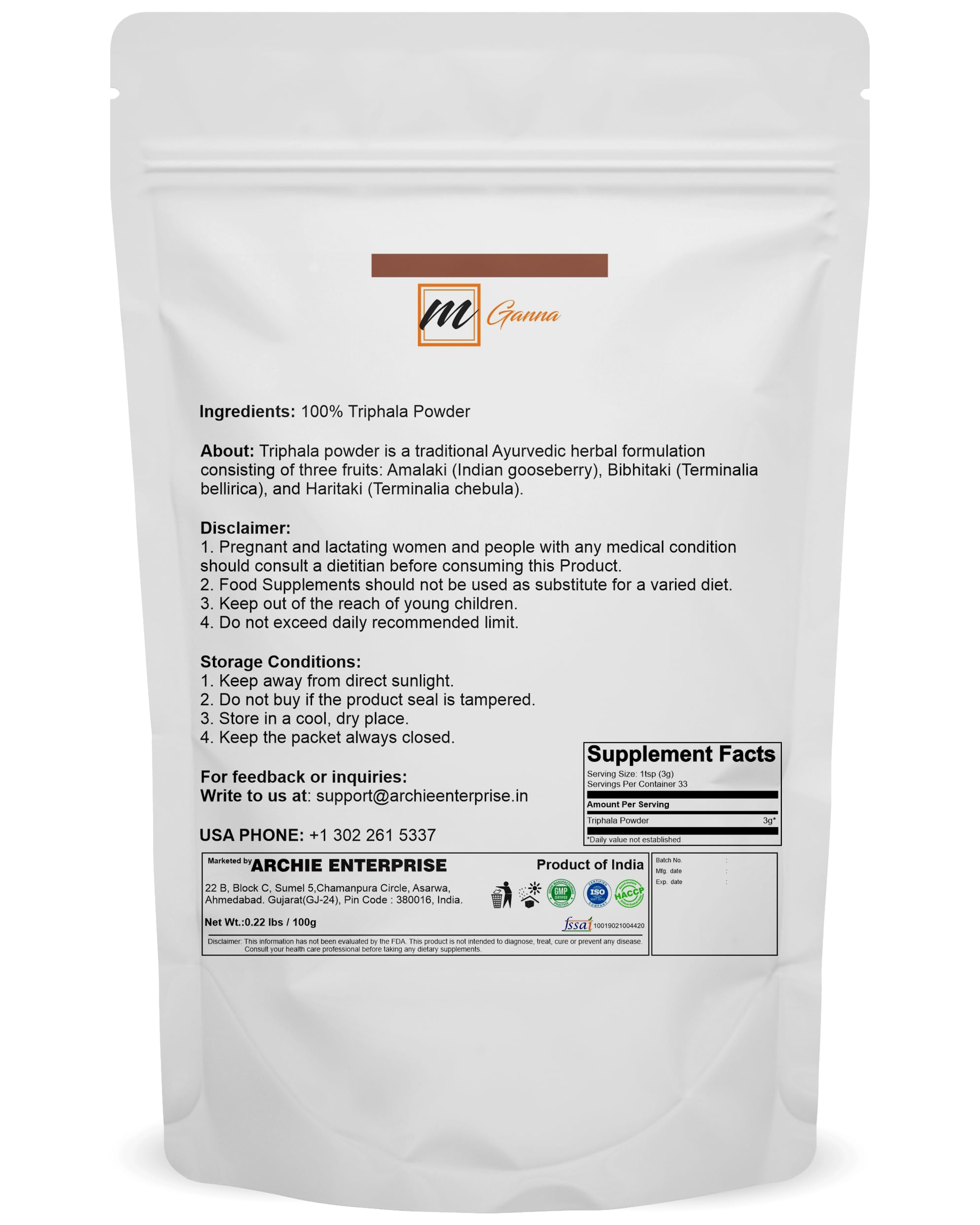 mGanna Triphala herbal supplement fine powder texture showcasing pure fruit blend ingredients