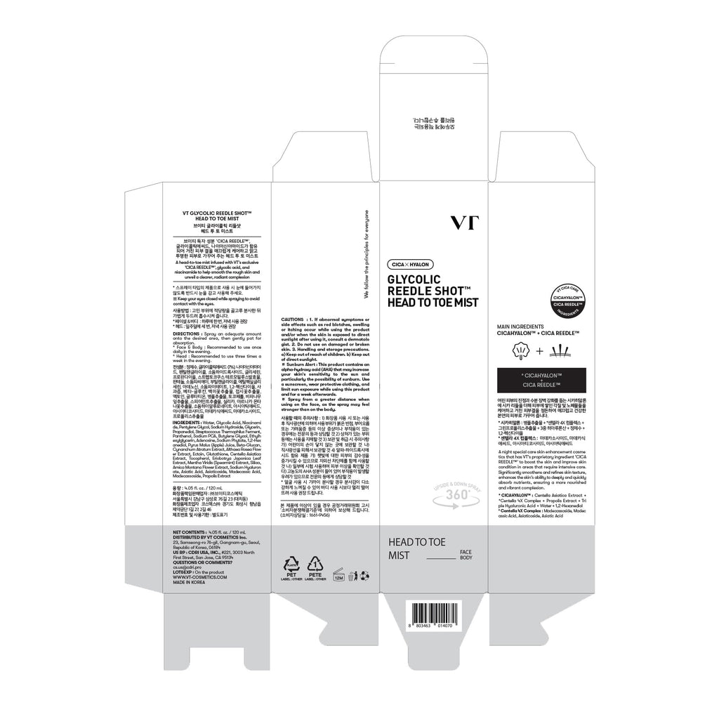 Full body mist spray bottle by VT Cosmetics for skin texture and dark spots