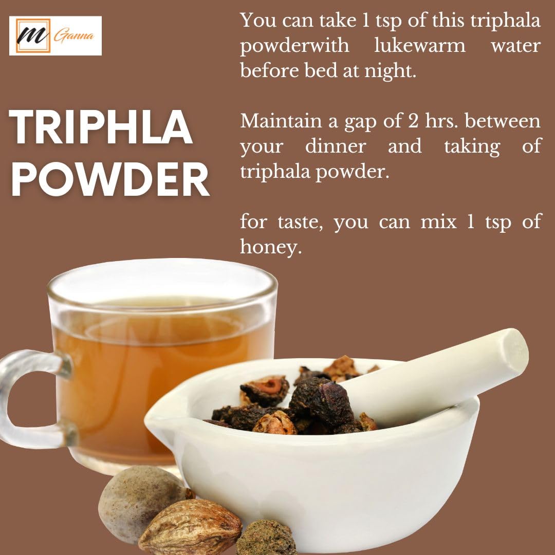 Back label of mGanna Triphala Powder pouch indicating directions for dietary use and skin mask application