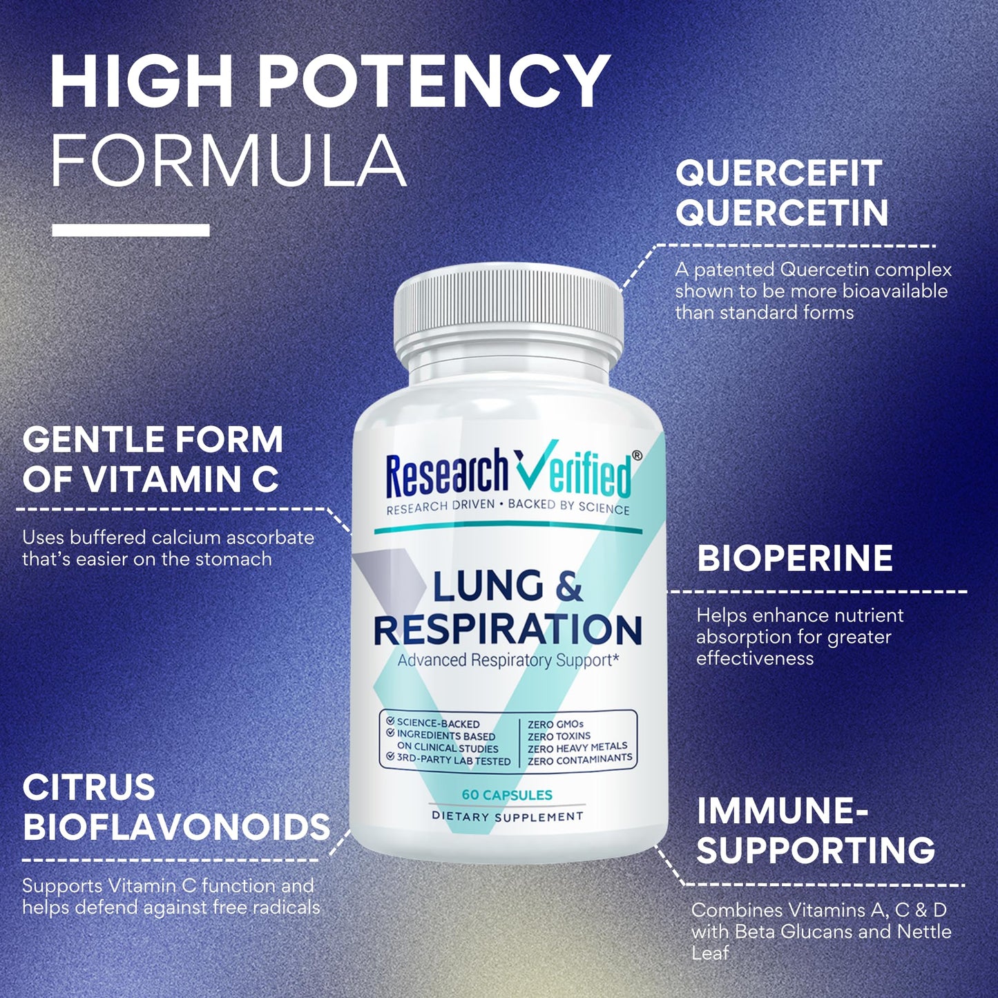 Close up of imported respiratory support supplement highlighting quercetin and nettle leaf ingredients.