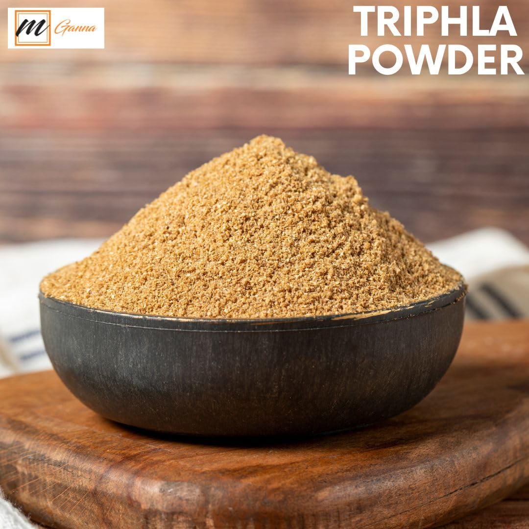 mGanna natural 100g Triphala churna standing upright displaying chemical free clean beauty labels