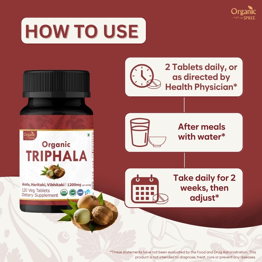 Organic Spree Triphala 1200mg herbal supplement vegetarian tablets label details highlighting USDA certified organic ingredients.