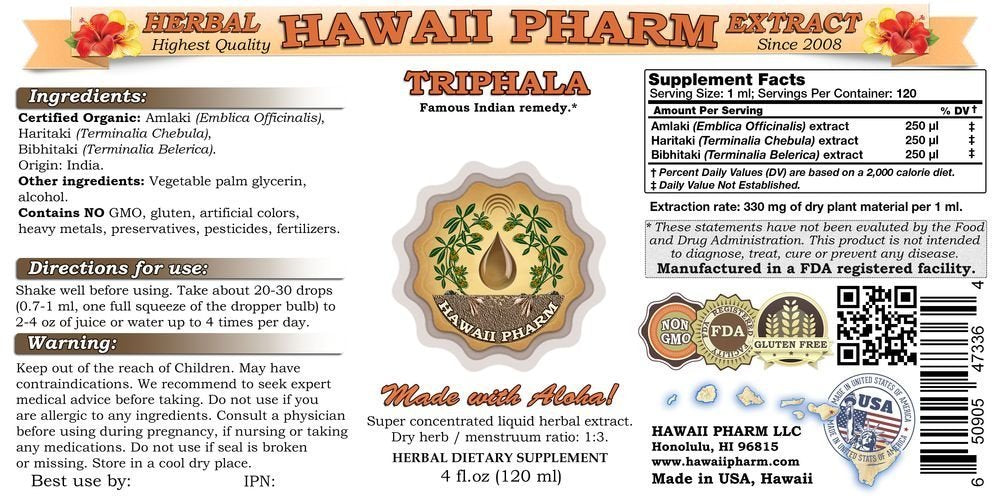 Hawaii Pharm Triphala Blend Tincture packaging highlighting organic USA manufacturing details