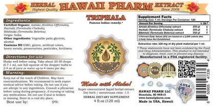 Hawaii Pharm Triphala Blend Tincture packaging highlighting organic USA manufacturing details