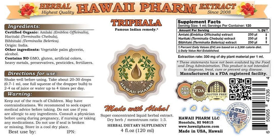Hawaii Pharm Triphala Blend Tincture packaging highlighting organic USA manufacturing details