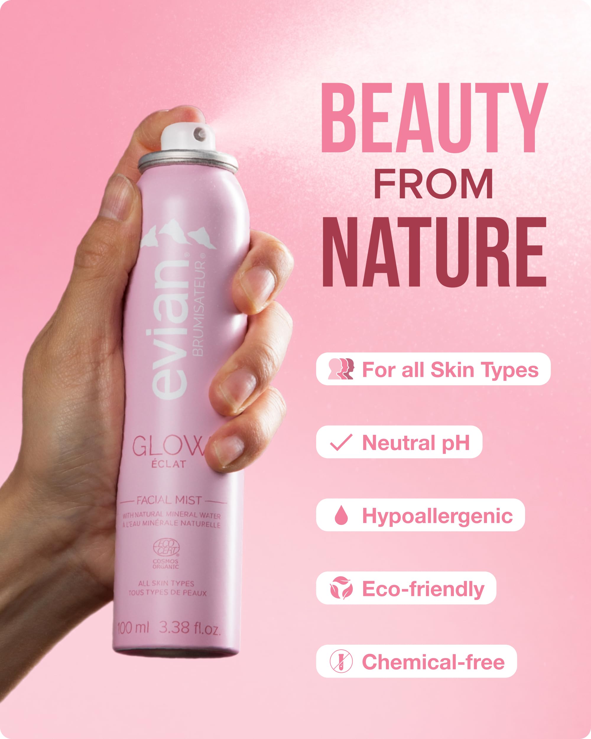 Authentic Evian Glow face mist showing ingredient information