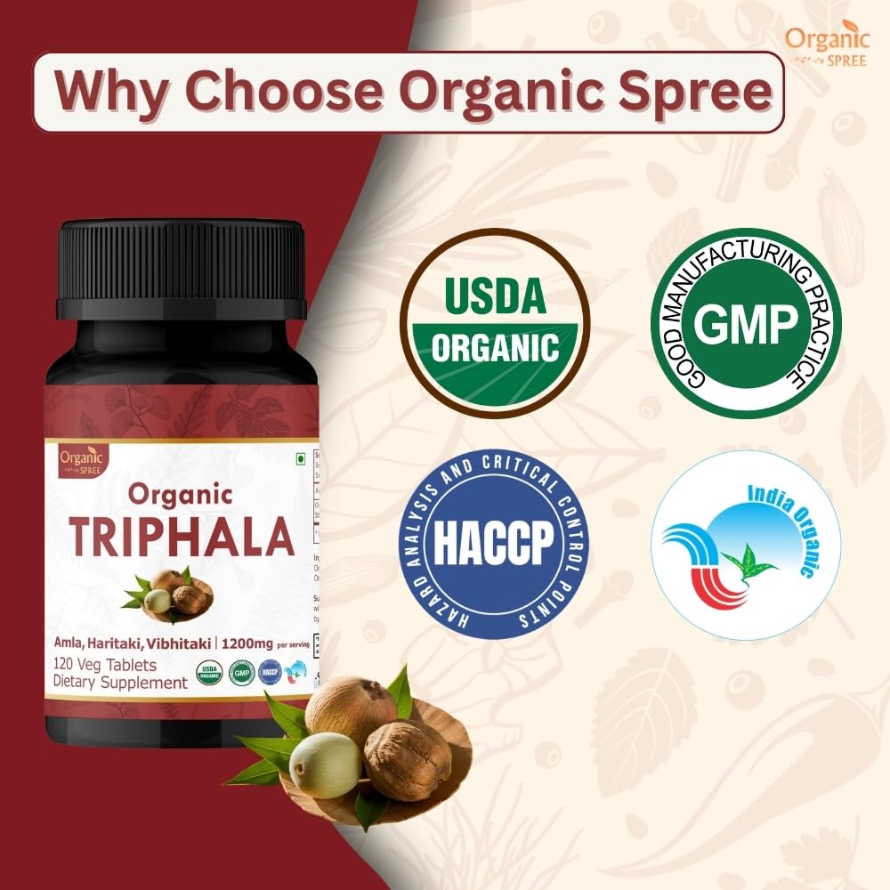 Organic Spree Triphala dietary supplement packaging emphasizing natural antioxidant benefits and digestive wellness instructions.