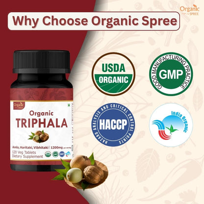 Organic Spree Triphala dietary supplement packaging emphasizing natural antioxidant benefits and digestive wellness instructions.