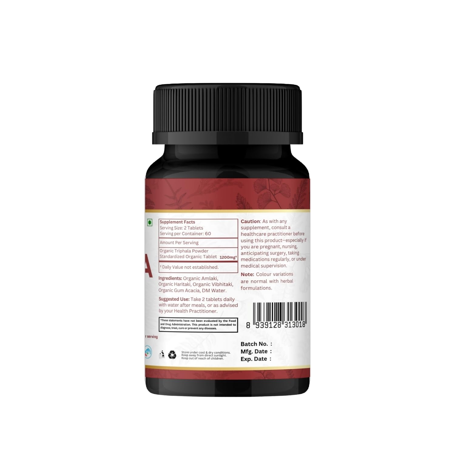 Authentic USA imported Organic Spree Triphala 120 vegetarian tablets bottle displayed clearly for consumer verification.
