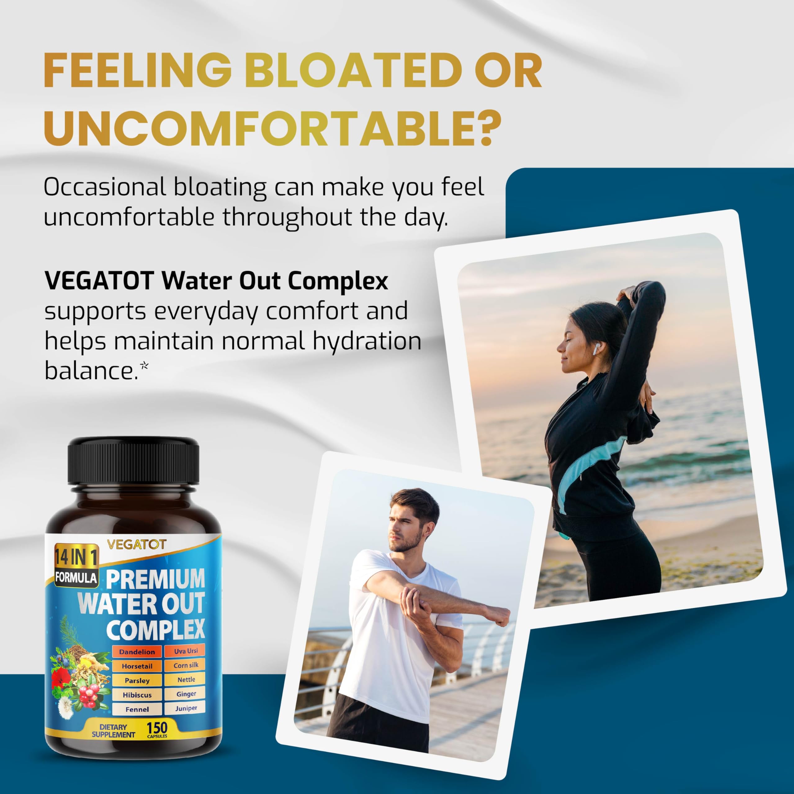 VEGATOT 14-in-1 herbal diuretic supplement bottle showing 150 capsules count