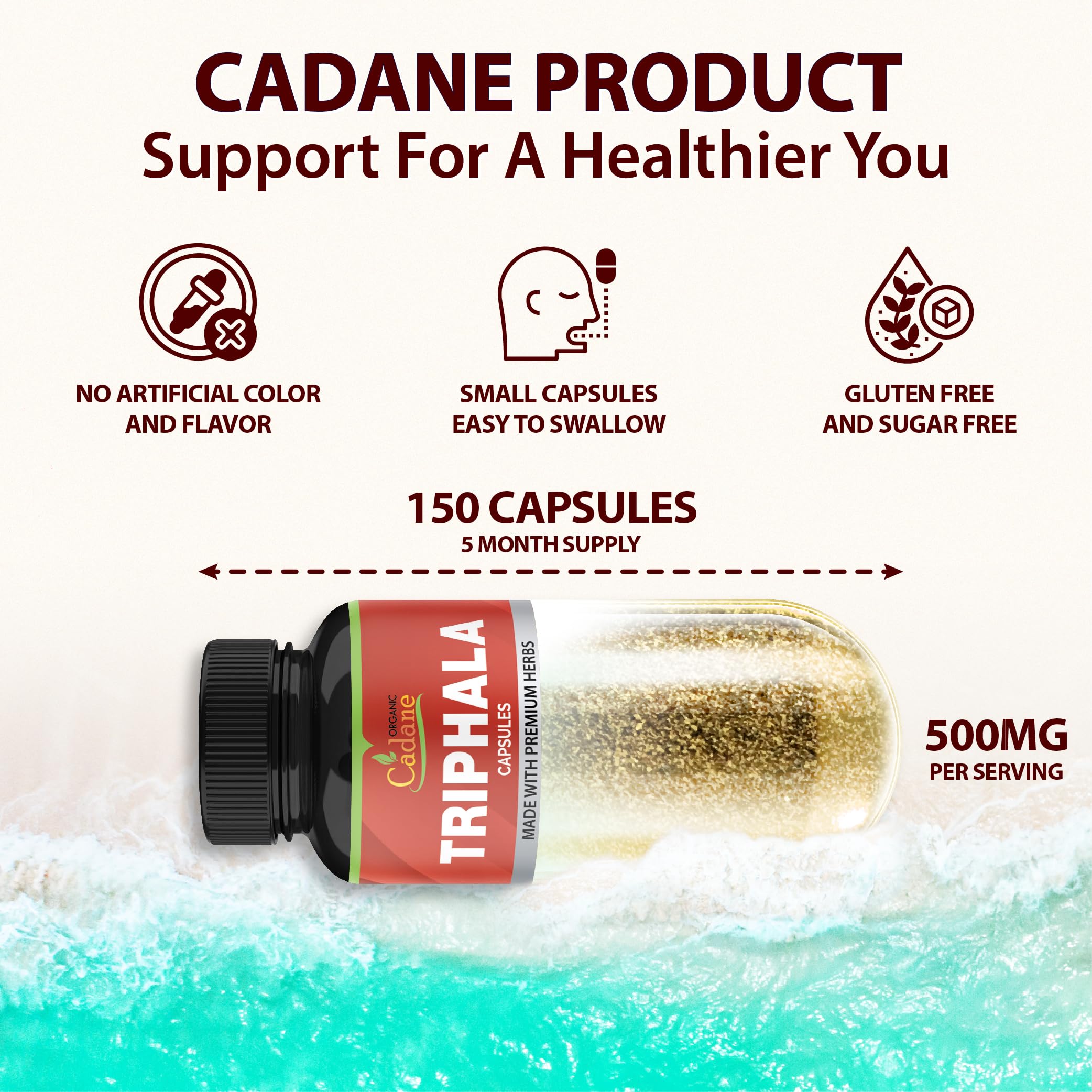 Organic Cadane Triphala dietary supplement bottle detailing the premium Ayurvedic ingredients list.