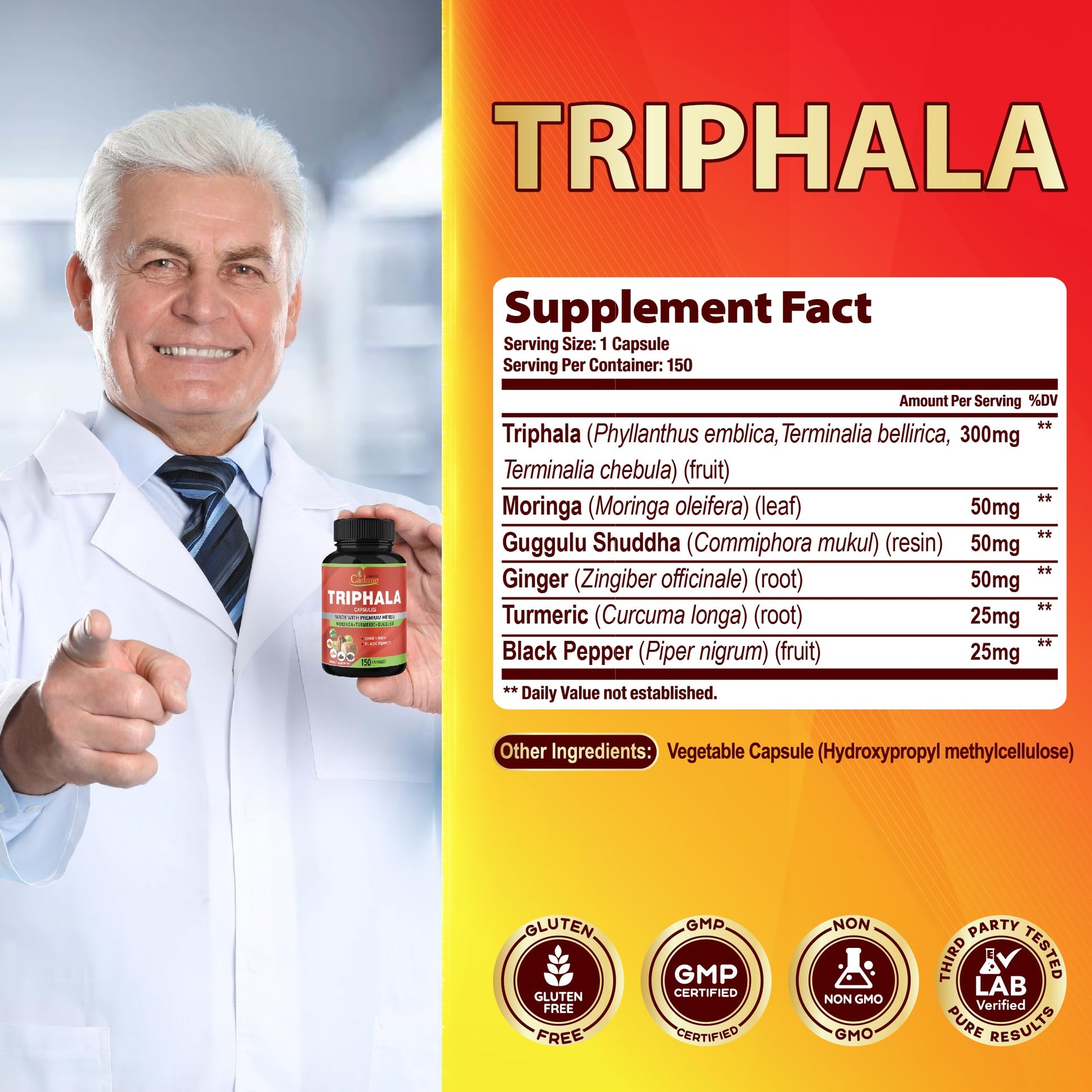Side view of Organic Cadane Triphala extract capsules showcasing the vegetable cellulose capsules inside.
