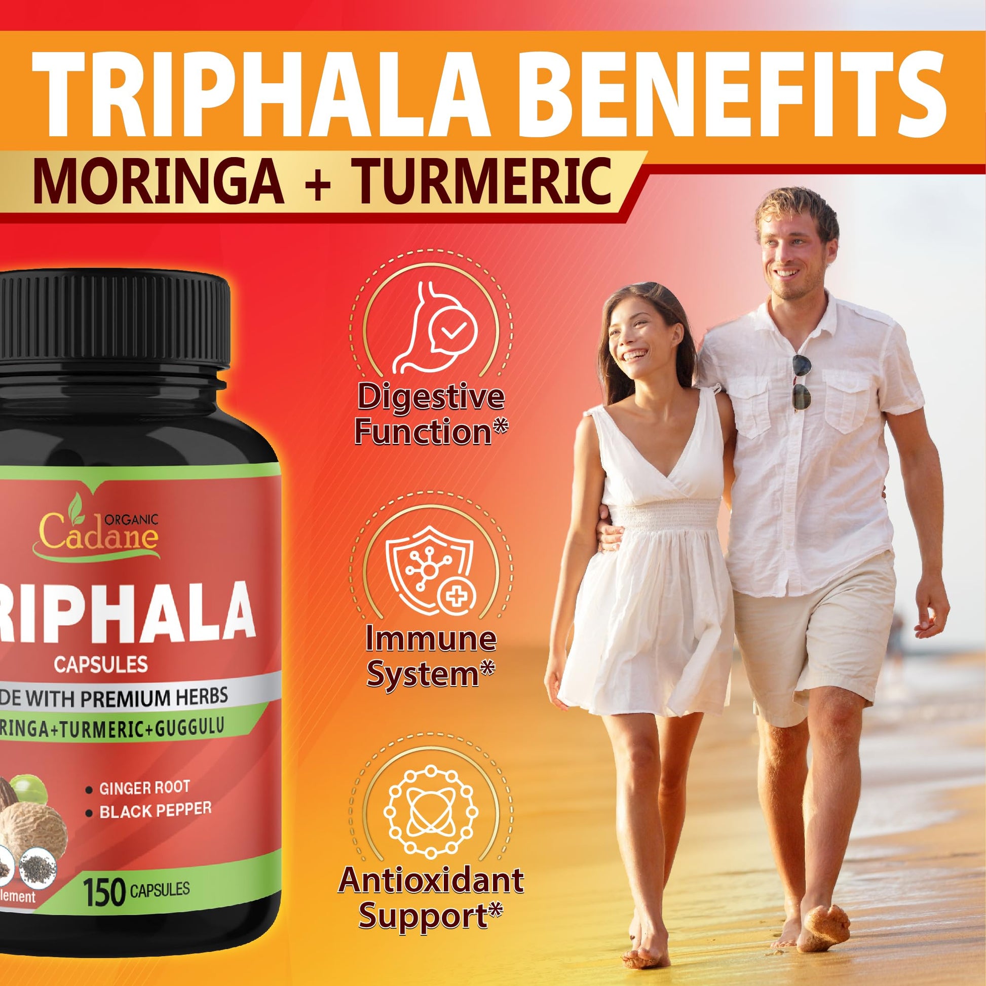 Organic Cadane Triphala 150 capsules packaging highlighting the five months supply verification stamp.