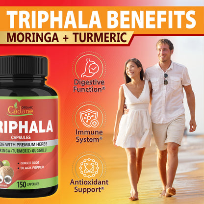 Organic Cadane Triphala 150 capsules packaging highlighting the five months supply verification stamp.