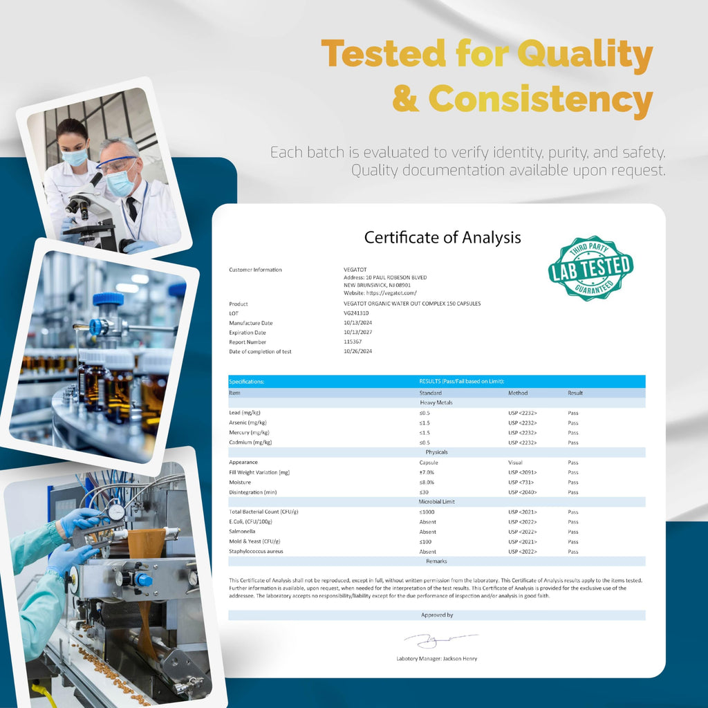 VEGATOT 150 vegan capsules dietary supplement packaging highlighting cGMP quality