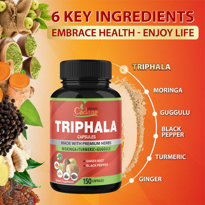 Close-up of Organic Cadane Triphala supplement bottle highlighting digestion and immune system support benefits.