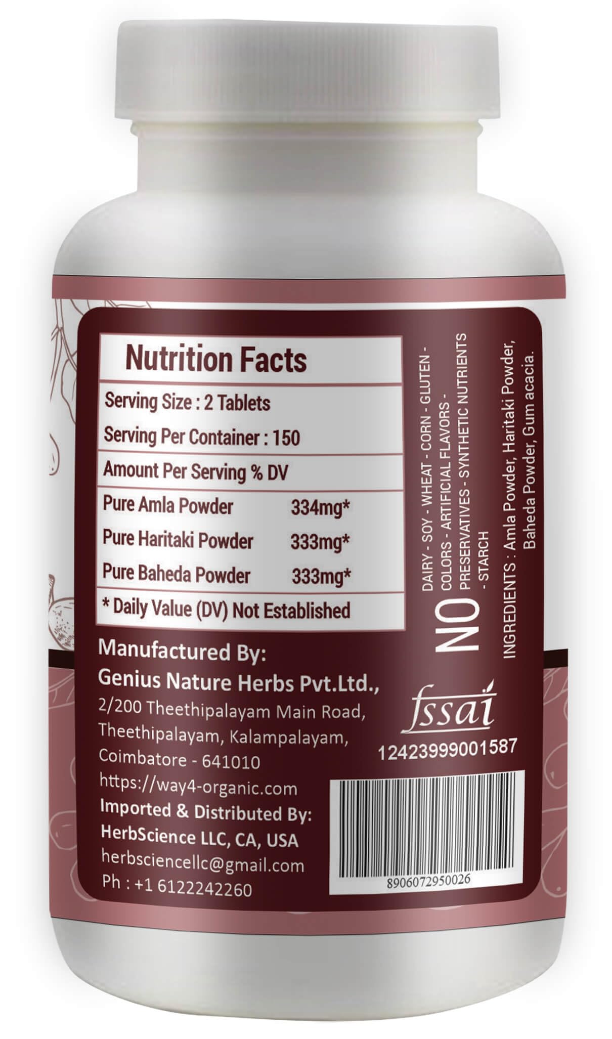 True Veda Organic Triphala herbal formulation bottle showing supplement facts label