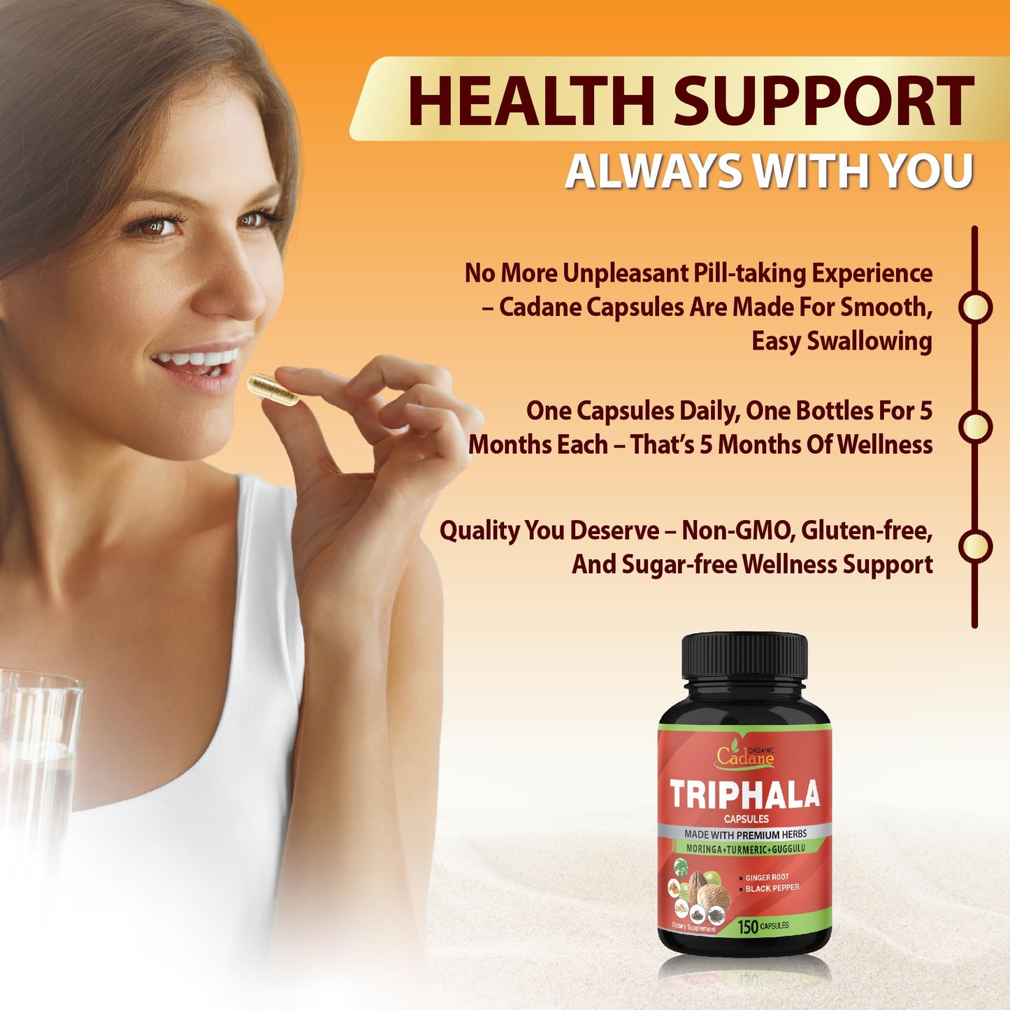 Back label of Organic Cadane Triphala extract capsules showing clear usage directions and manufacturing standards.