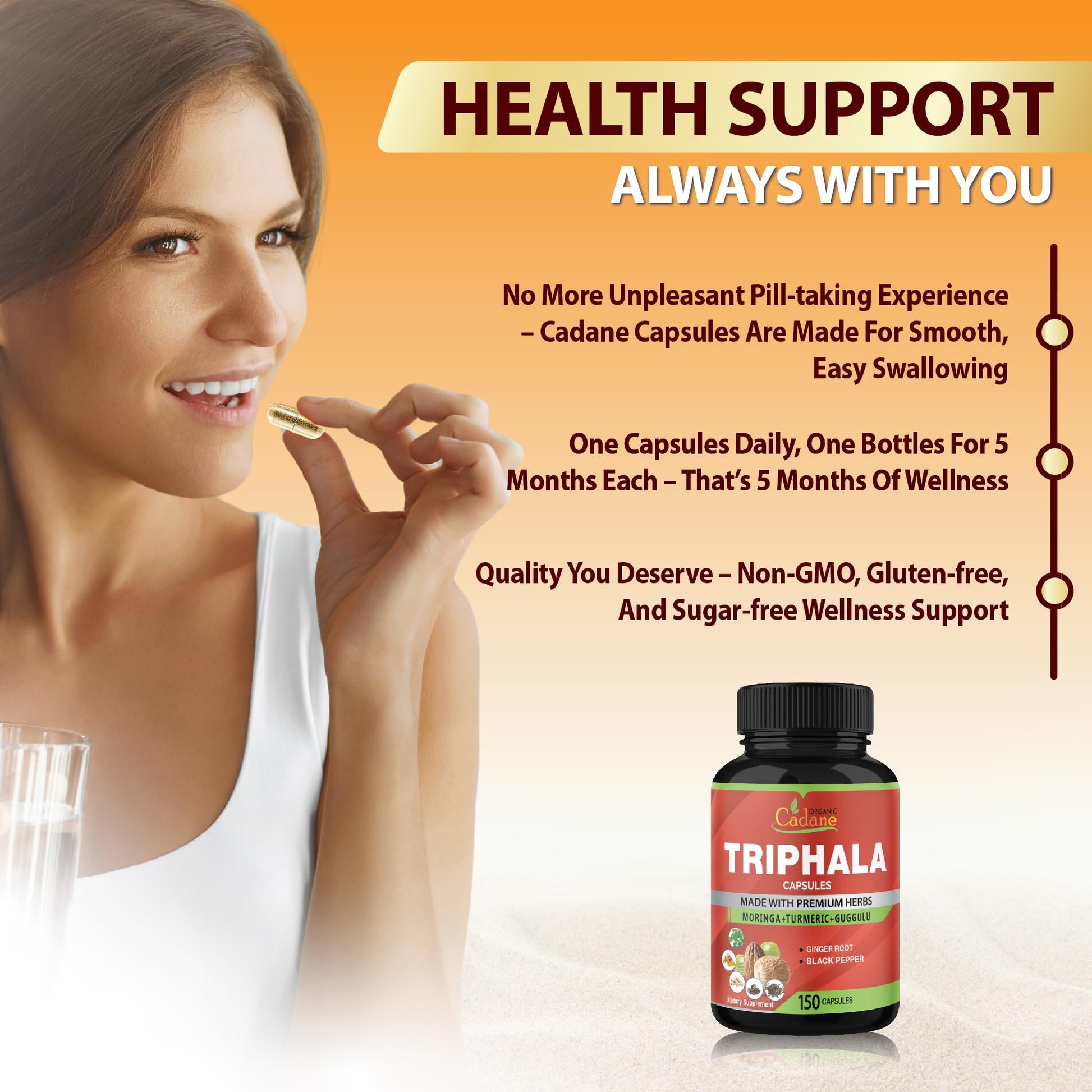 Back label of Organic Cadane Triphala extract capsules showing clear usage directions and manufacturing standards.