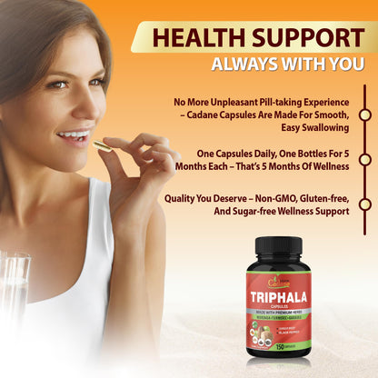 Back label of Organic Cadane Triphala extract capsules showing clear usage directions and manufacturing standards.