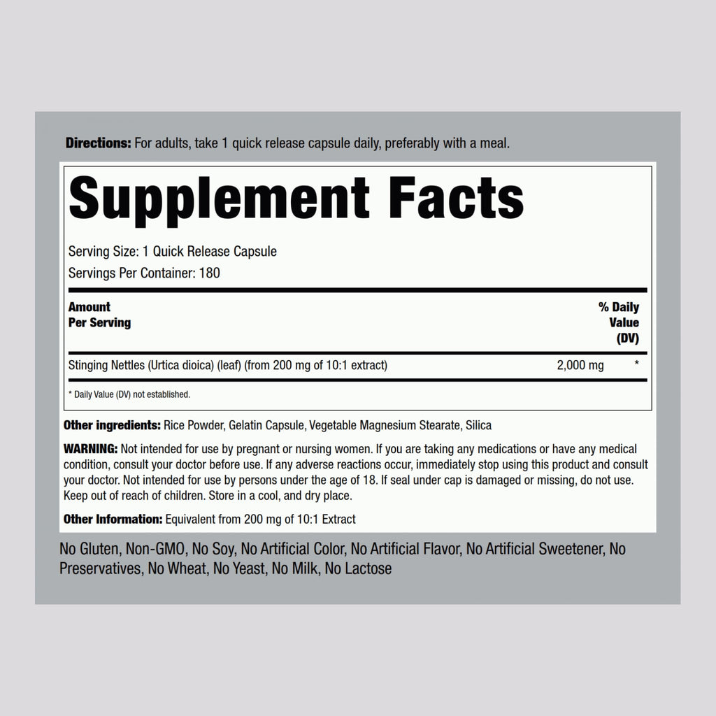 Piping Rock Stinging Nettles supplement facts label