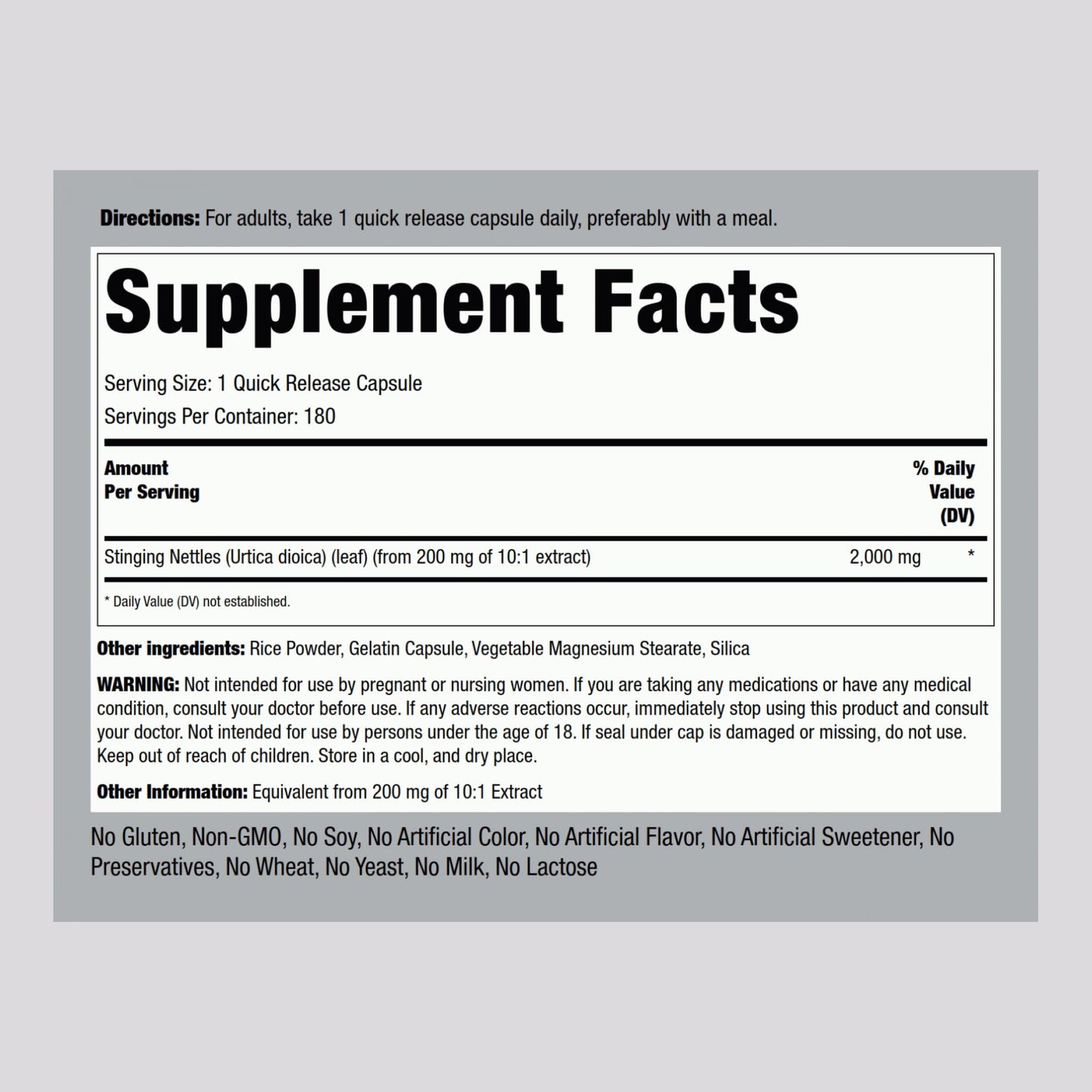 Piping Rock Stinging Nettles supplement facts label