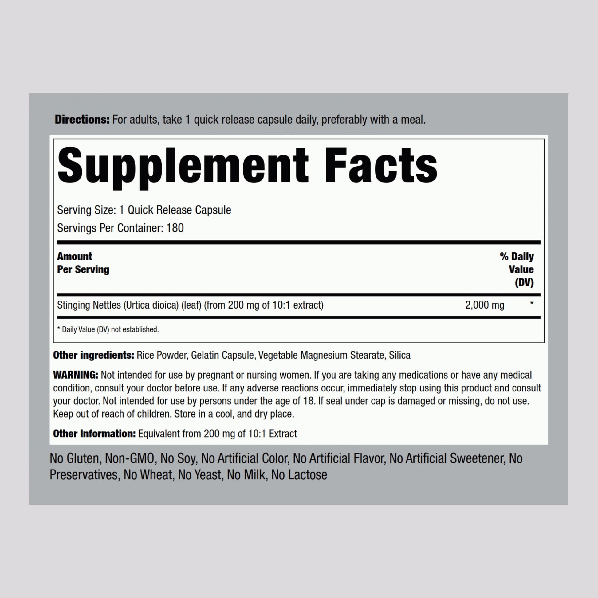Piping Rock Stinging Nettles supplement facts label