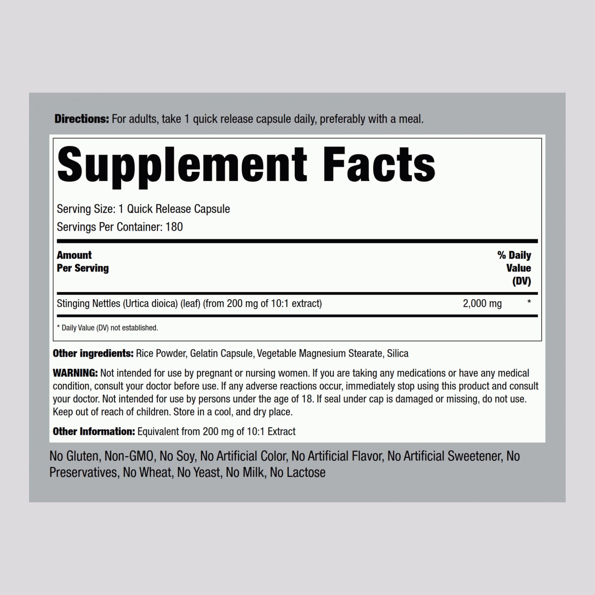 Piping Rock Stinging Nettles supplement facts label