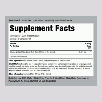 Piping Rock Stinging Nettles supplement facts label