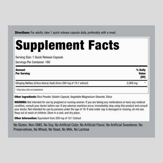 Piping Rock Stinging Nettles supplement facts label