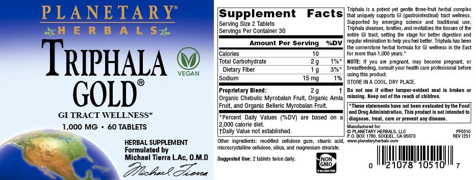 Planetary Herbals Triphala Gold gastrointestinal tract wellness capsules back panel