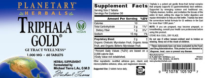 Planetary Herbals Triphala Gold gastrointestinal tract wellness capsules back panel