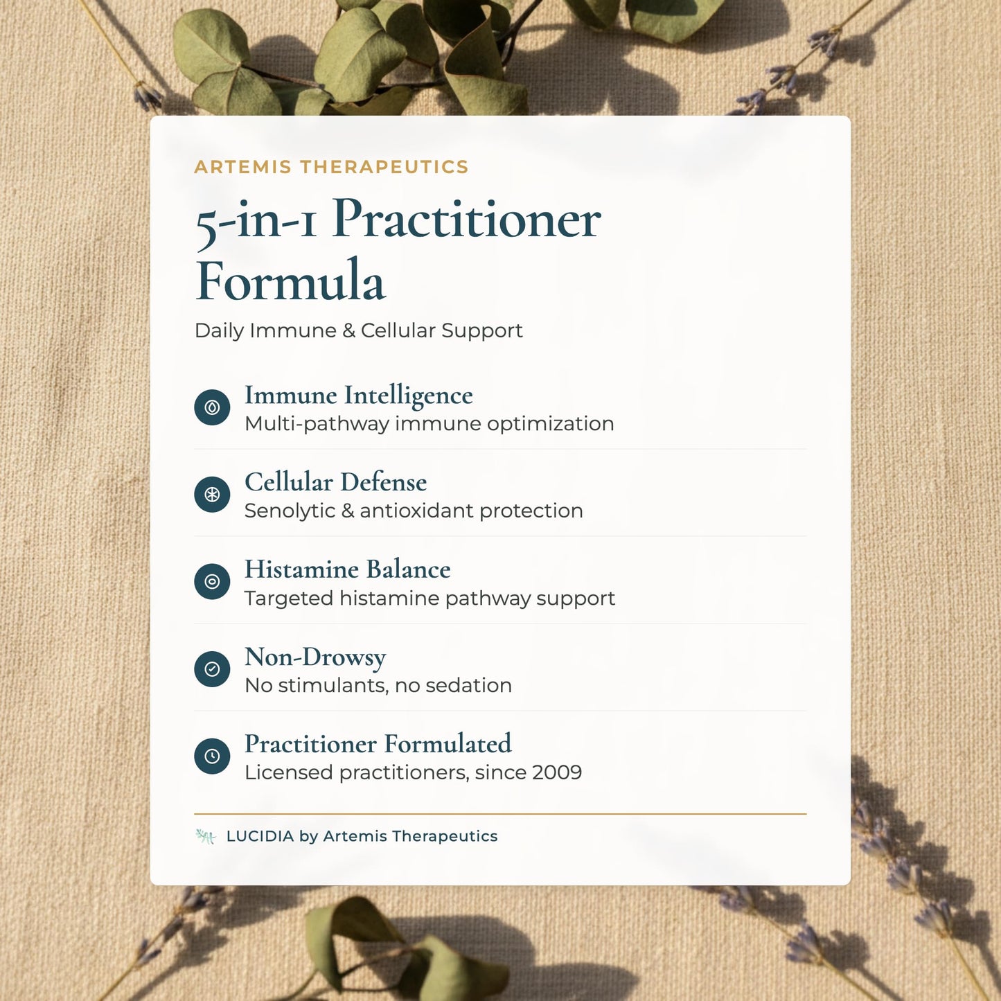 Close up of Lucidia 5 in 1 practitioner formula ingredients