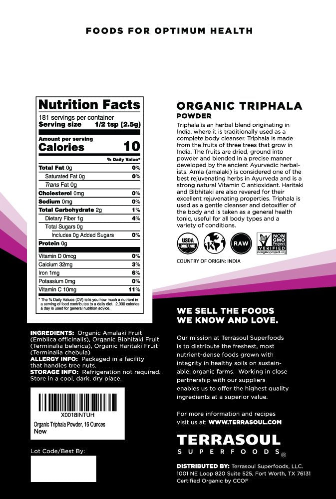 Terrasoul Superfoods Organic Triphala Powder ingredients list and laboratory tested quality seal on the back label.