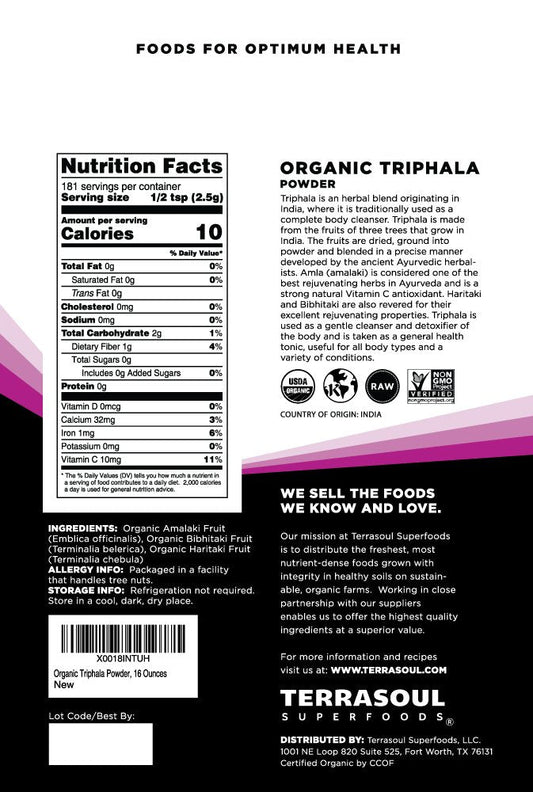Terrasoul Superfoods Organic Triphala Powder ingredients list and laboratory tested quality seal on the back label.