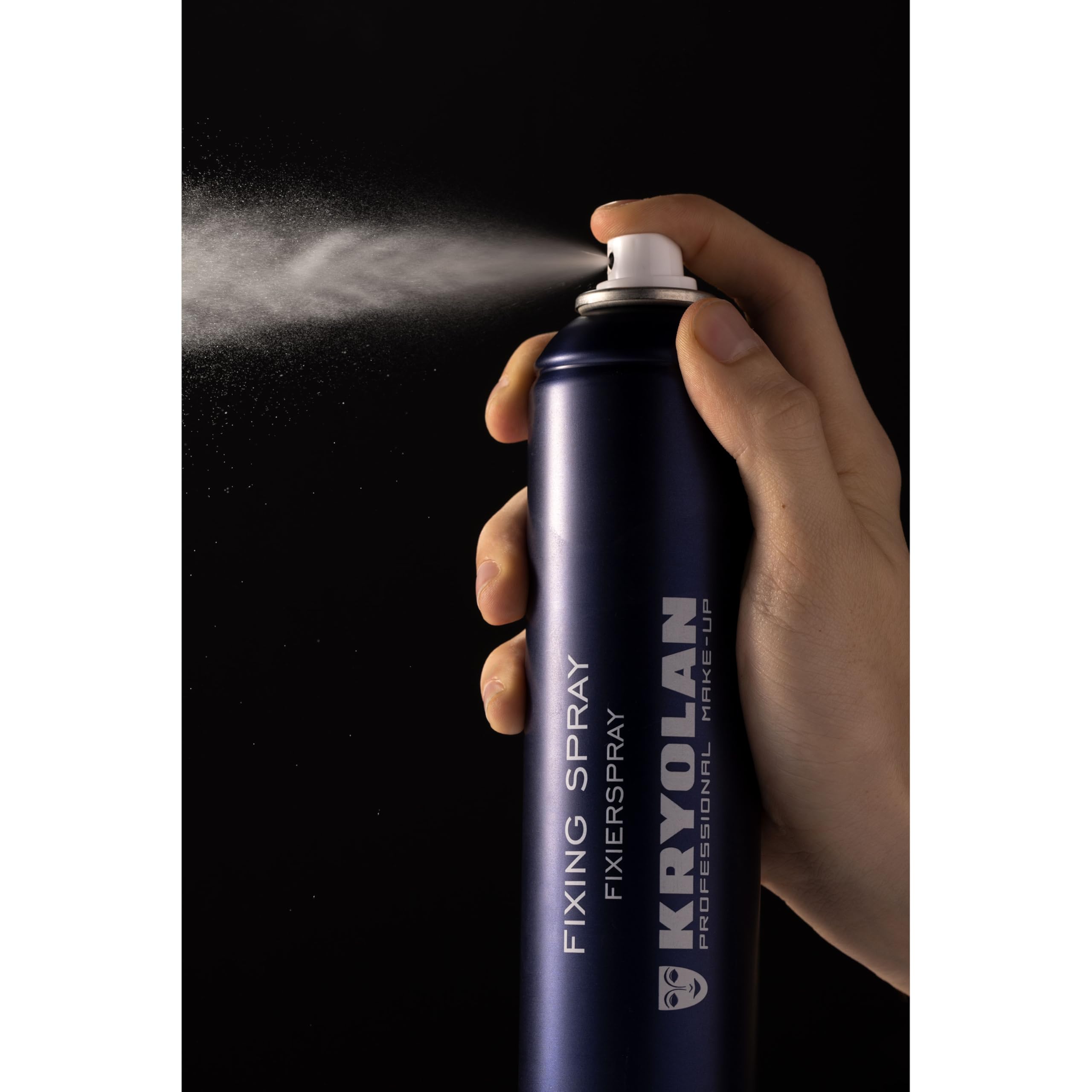 Waterproof and smudge proof Kryolan professional aerosol spray packaging details