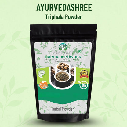 Ayurvedashree Triphala Powder packaging showing three herbal ingredients for immunity.