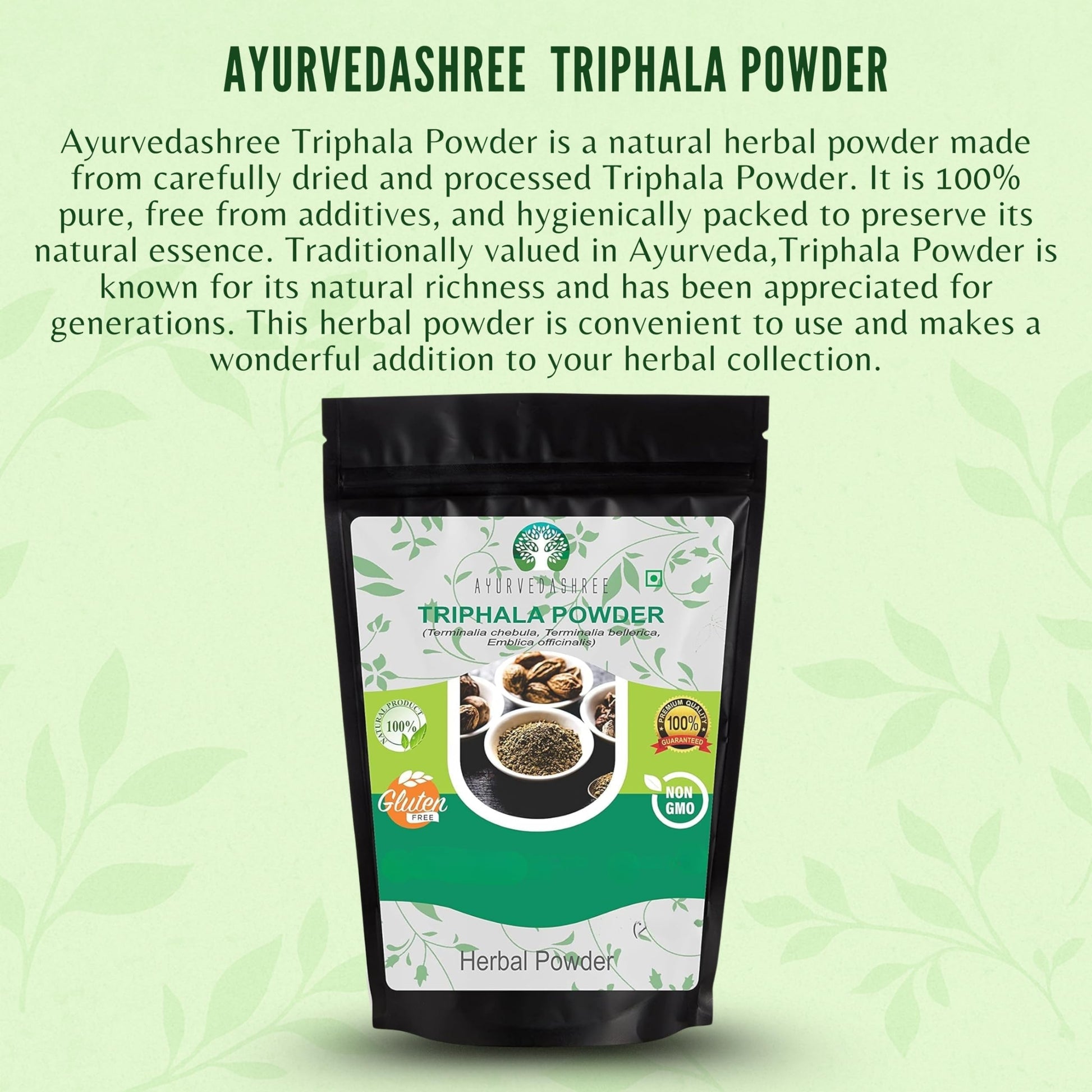 Back label of Ayurvedashree Triphala Powder 1kg displaying directions and facts.