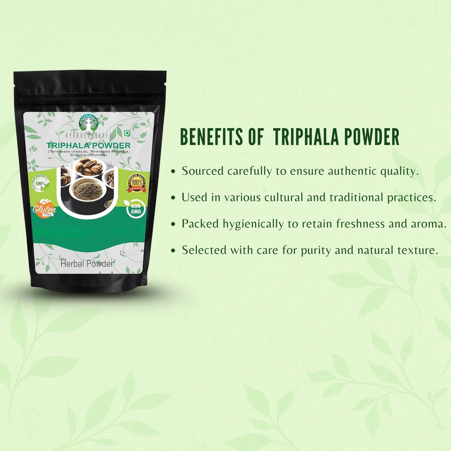 Close-up of authentic Ayurvedashree Triphala premium herbal powder texture.