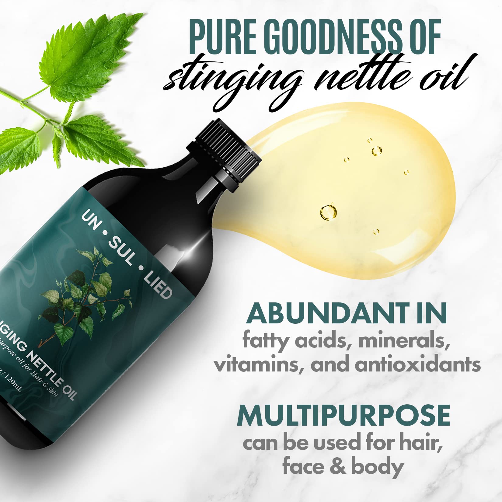 UNÂ·SULÂ·LIED all natural stinging nettle topical beauty oil label detail showing ingredients