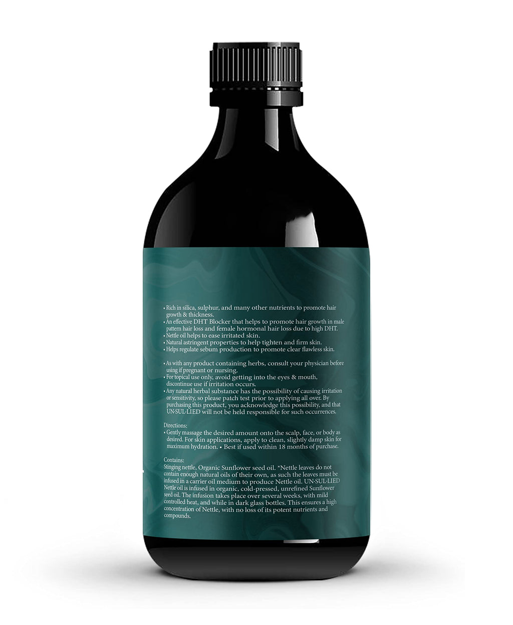 UNÂ·SULÂ·LIED stinging nettle oil texture being applied to fingertips for hair care