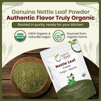 Organic Way stinging nettle herbal tea powder back label showing certifications