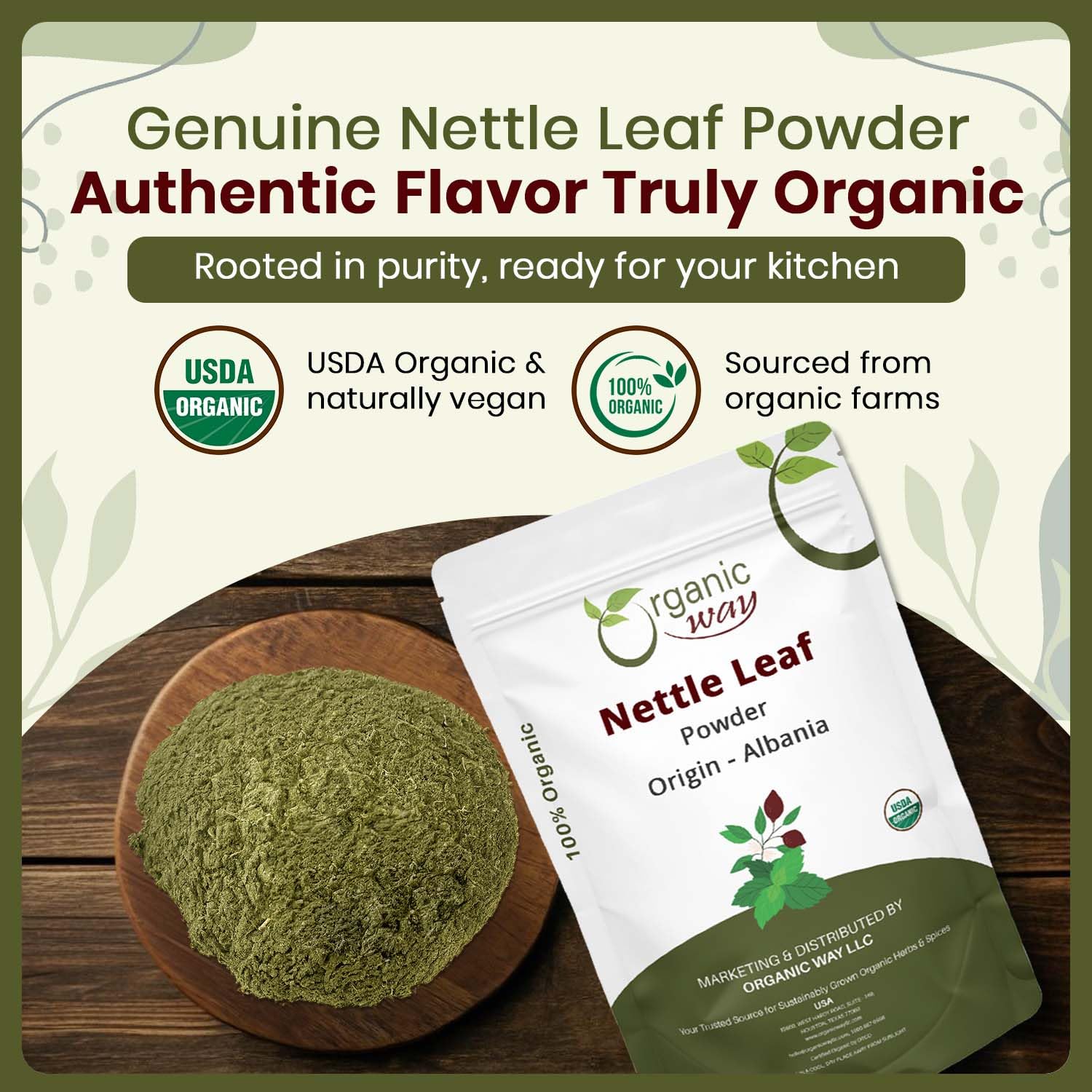 Organic Way stinging nettle herbal tea powder back label showing certifications